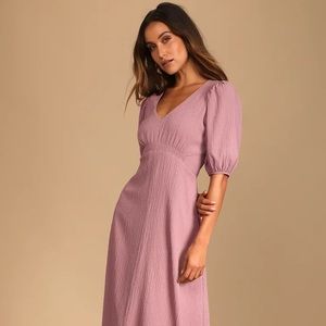 Lulus Spring into Happiness Dusty Purple Puff Sleeve Midi Dress